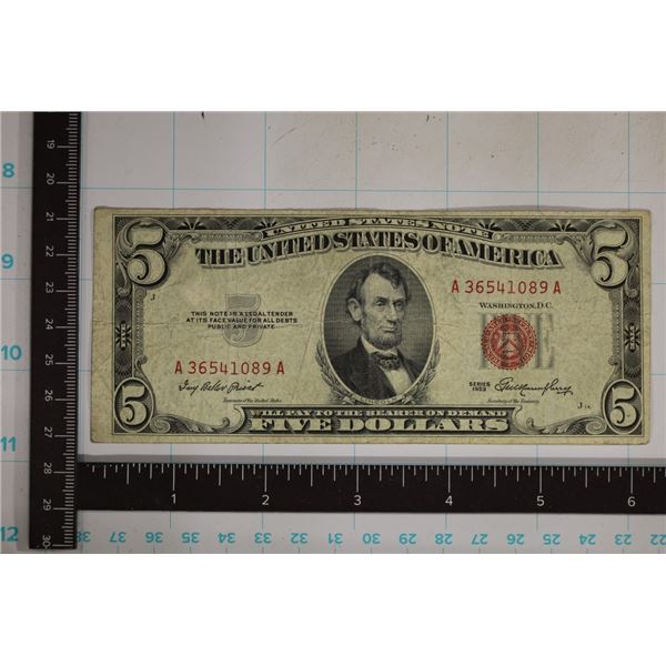 1953 US $5 RED SEAL NOTE, SLIGHT PRINTING ERROR