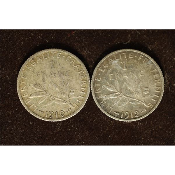 1910 & 1912 FRANCE SILVER 1 FRAN COINS .2684