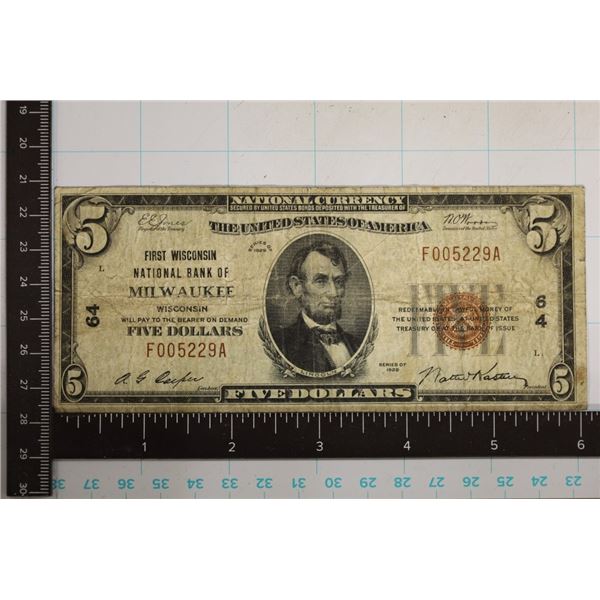 1929 US $5 BROWN SEAL NATIONAL CURRENCY OF