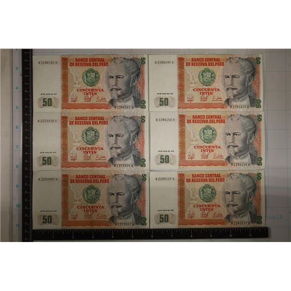 6-1987 PERU XF-UNC 50 INTIS BILLS ALL COLORIZED