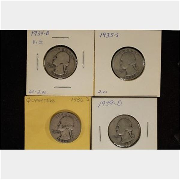 1934-D, 35-S, 36-S & 1939-D SILVER WASHINGTON