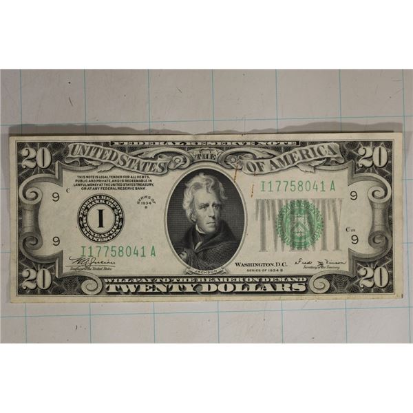 1934-B US $20 GREEN SEAL FRN BILL XF++
