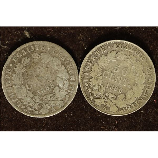 1886-A & 1888-A FRANCE SILVER 50 CENTIMES .1342