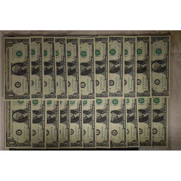 22-CRISP UNC US $1 FRN GREEN SEALS FROM 1969.