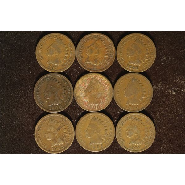 9 INDIAN HEAD CENTS. 9 (1887-1907) & 1 NO DATE