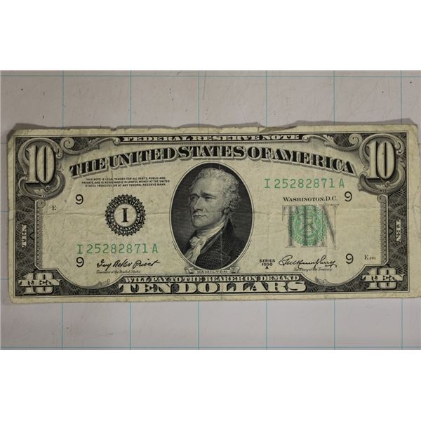 1950-A US $10 GREEN SEAL NOTE SOME TATTERING