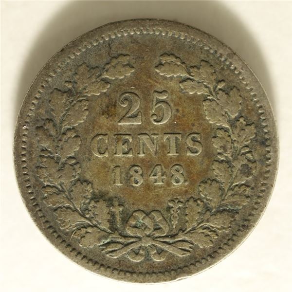 1848 NETHERLANDS SILVER 25 CENTS .0736 OZ. ASW