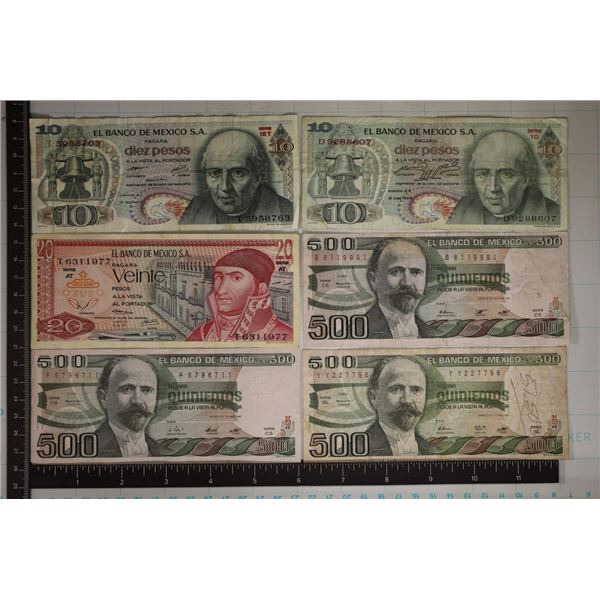 6-MEXICO BILLS: 2-10 PESOS (1969 & 1977), 1-20