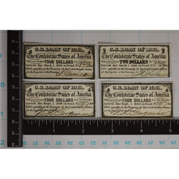 4-1861 CONFEDERATE BOND COUPONS: 3-$4 & 1-$2