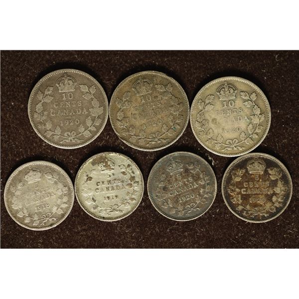 7 SILVER CANADA COINS: 4-FIVE CENT (1918, 1919 & 2