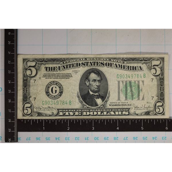 1934-D US $5 FRN GREEN SEAL
