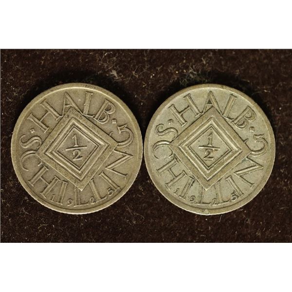 2-1925 AUSTRIA SILVER 1/2 SHILLING COINS .1342 OZ