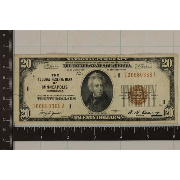 1929 US $20 NATIONAL CURRENCY BANK OF MINNEAPOLIS