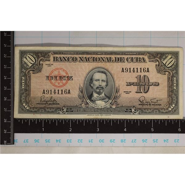 1960 CUBA 10 PESO BILL "CARLOS MANUEL DE DESPEDES"