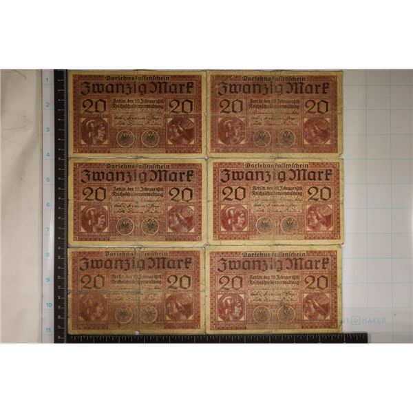 6-1918 GERMAN 20 MARK BILLS: ALL CIRCULATED