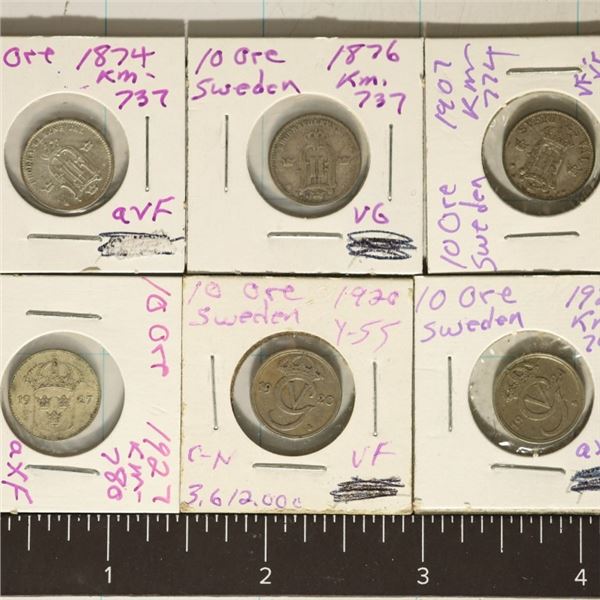 6 SWEDEN 10 ORE COINS. 1874, 1876, 1907 & 1927 ARE