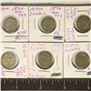 6 SWEDEN 10 ORE COINS. 1874, 1876, 1907 & 1927 ARE
