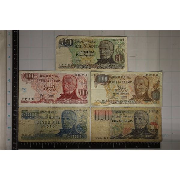 5-ARGENTINA BILLS: 50, 100, 1000, 5000 & 10000