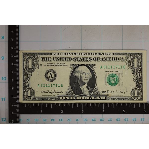 1988-A FANCY SERIAL NUMBER US $1 FRN A31111711E