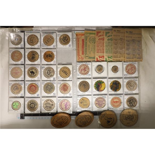 NICE WOODEN NICKEL LOT: SOME HAND PAINTED, LARGER