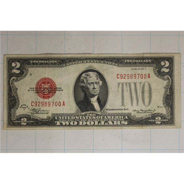 1928-D US $2 RED SEAL BILL C92989700A A LITTLE