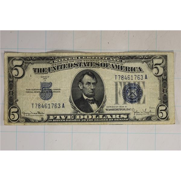 1934-D US $5 SILVER CERTIFICATE BLUE SEAL