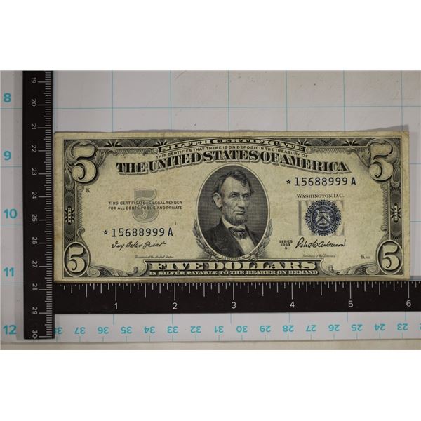 STAR NOTE 1953-A US $5 SILVER CERTIFICATE BLUE