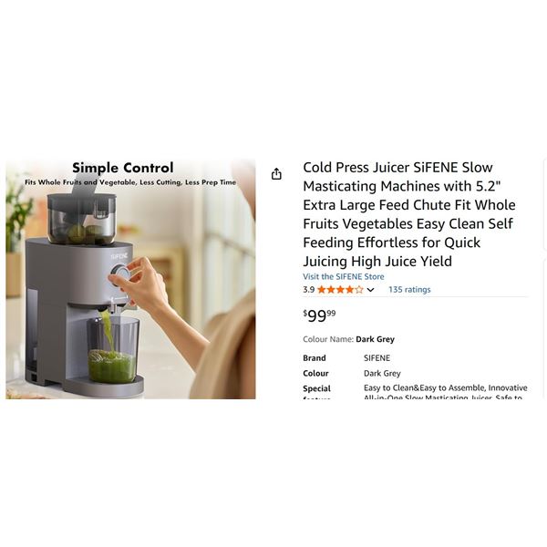 Cold Press Juicer D.Grey - Retail $100