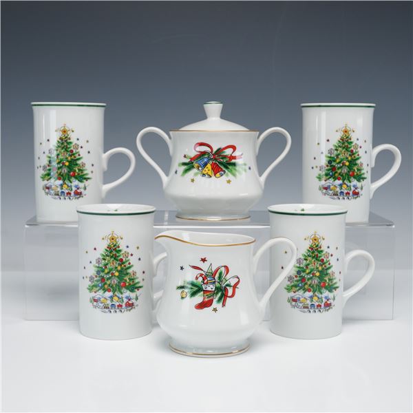 6pc Salem Porcelain China Christmas Eve Creamer, Sugar, and Mug Set