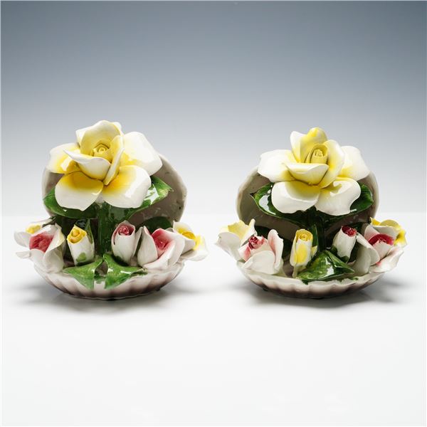 2pc Nuova Capodimonte Italian Porcelain Clam Floral Centerpieces