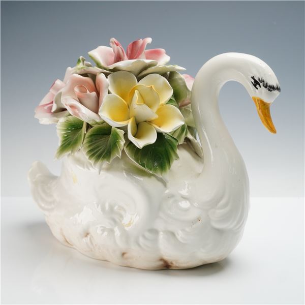 Capodimonte Porcelain Swan with Flowers Sculpture