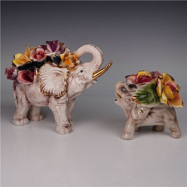2pc Capodimonte Porcelain Elephant Floral Figurines