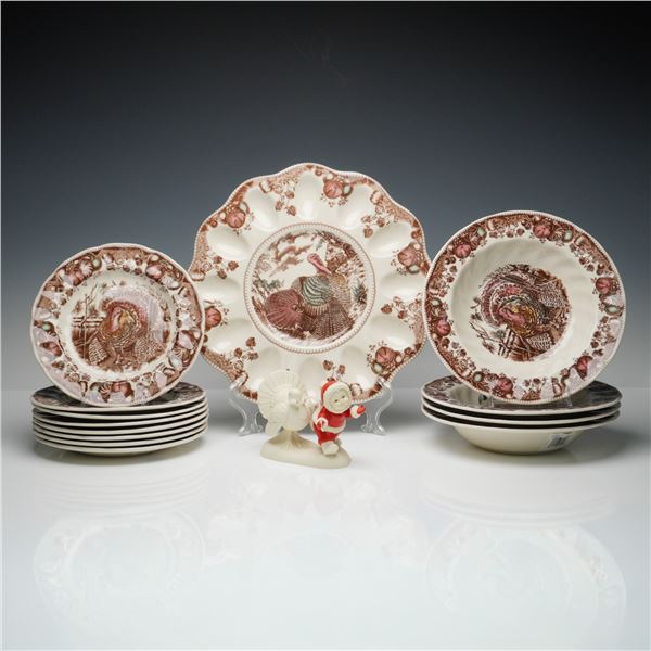 14pc Johnson Bros His Majesty Turkey Dinnerware Set and Dept 56 Figurine