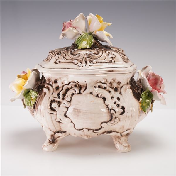 Capodimonte Italian Porcelain Covered Box with Rose Accents
