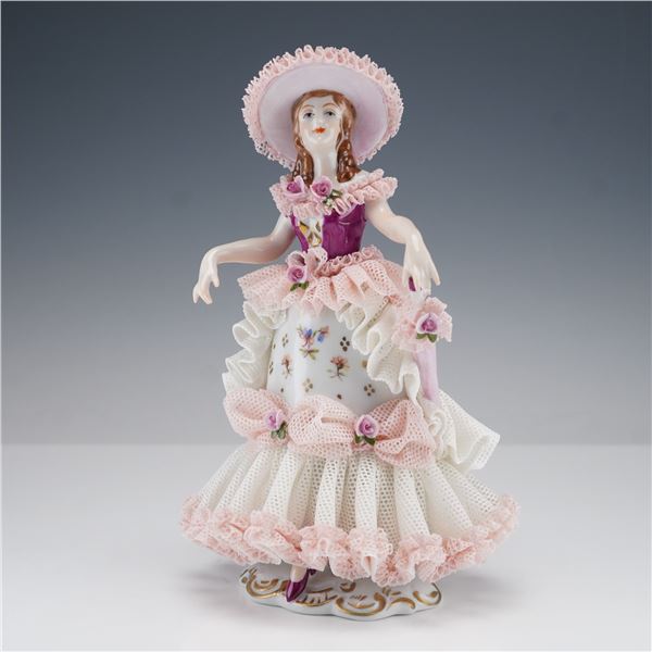 Dresden Porcelain Lady in Pink Gown Lace Figurine