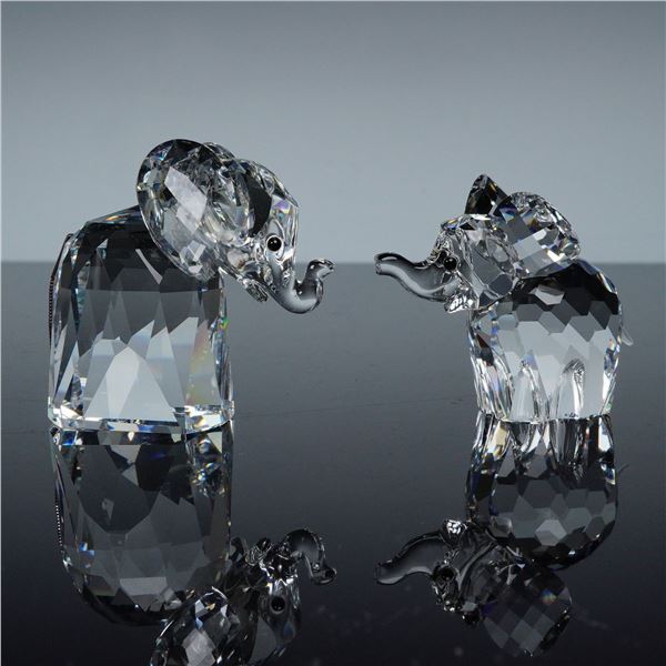 2pc Swarovski Crystal Figurines, LG Elephants w/Metal & Frosted Tails