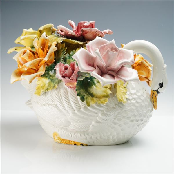 Capodimonte Porcelain Swan with Flowers Sculpture
