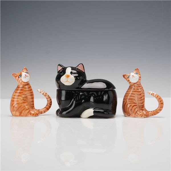 3pc Vintage Takashi Jar and Fine Bone China Figurines, Black and Tabby Cats