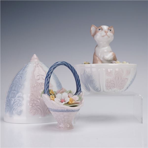 3pc Lladro Porcelain Figurines, Kitty Surprise and A Basket of Blossoms