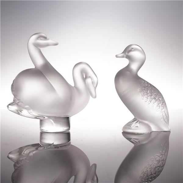 2pc Lalique Crystal Paperweight Two Swans and Happy Duck Figurine