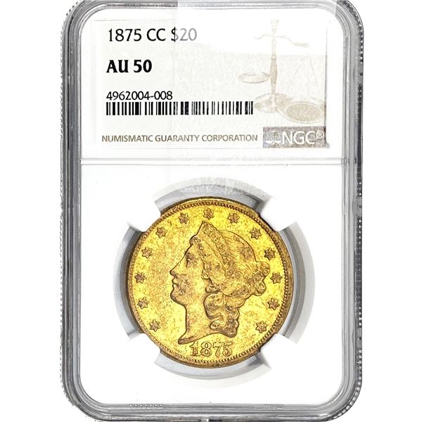 1875-CC $20 Gold Double Eagle NGC AU50