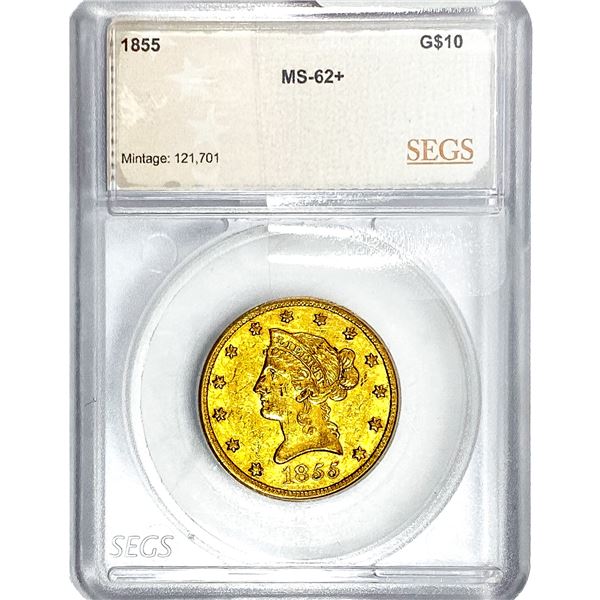 1855 $10 Gold Eagle SEGS MS62+