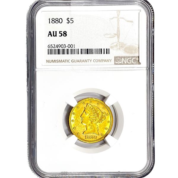 1880 $5 Gold Half Eagle NGC AU58