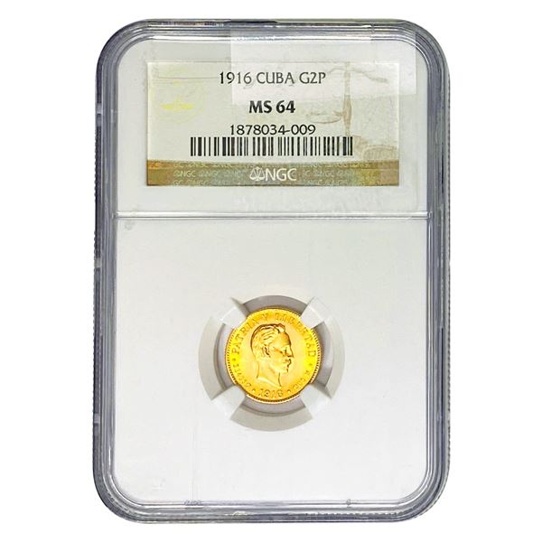 1916 2 Pesos Gold Cuba NGC MS64