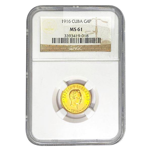 1916 4 Pesos Gold Cuba NGC MS61