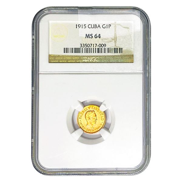 1915 1 Peso Gold Cuba NGC MS64