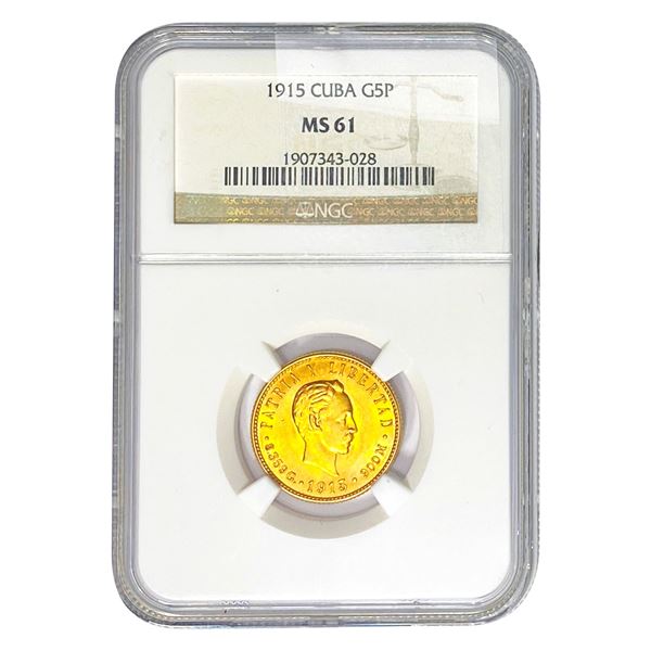 1915 5 Pesos Gold Cuba NGC MS61