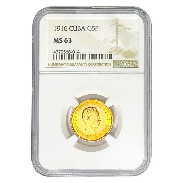 1916 5 Pesos Gold Cuba NGC MS63