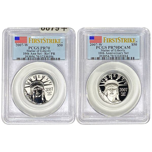 [2 Coins] 2007-W $50 Platnium Satue of Liberty 1/4 oz PCGS PR70 DCAM