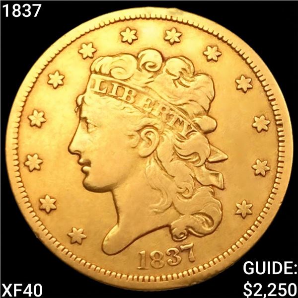 1837 $5 Gold Half Eagle NEARLY UNCIRCULATED